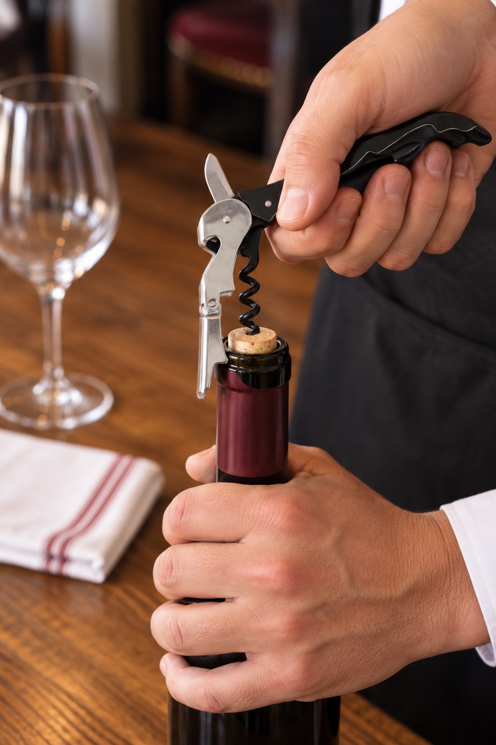 Camarero abriendo una botella de vino con el sacacorchos de doble palanca